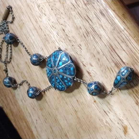 VINTAGE TURQUOISE MOSAIC INLAY  NECKLACE - Picture 7 of 8